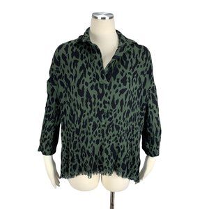 UMGEE Medium Green Cheetah Blouse Raw Hem Boutique